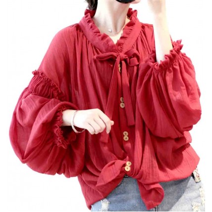 L513 Custom Made To Order Linen Ruffle Balloon Sleeve Tie Bow Shirt Top Regular Size XS S M L XL & Plus size 1x-10x (SZ16-52)