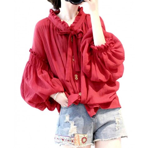 L513 Custom Made To Order Linen Ruffle Balloon Sleeve Tie Bow Shirt Top Regular Size XS S M L XL & Plus size 1x-10x (SZ16-52)