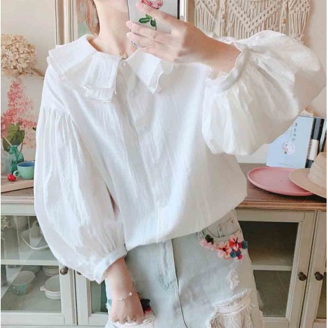 L514 Custom Made To Order Linen Women's Lotus Leaf Doll Collar Shirt Top Regular Size XS S M L XL & Plus size 1x-10x (SZ16-52)