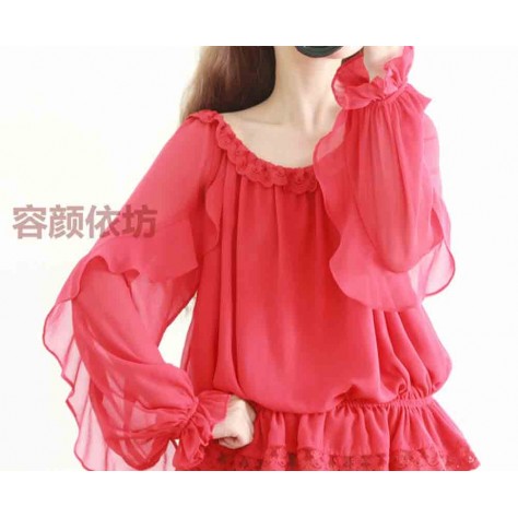 L517 Custom Made To Order Chiffon Scoop Neck Ruffle Pullover Shirt Regular Size XS S M L XL & Plus size 1x-10x (SZ16-52)