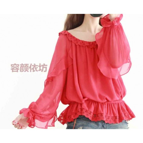 L517 Custom Made To Order Chiffon Scoop Neck Ruffle Pullover Shirt Regular Size XS S M L XL & Plus size 1x-10x (SZ16-52)