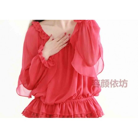 L517 Custom Made To Order Chiffon Scoop Neck Ruffle Pullover Shirt Regular Size XS S M L XL & Plus size 1x-10x (SZ16-52)