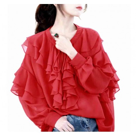 L518 Custom Made To Order Chiffon Ladies Frill Ruffle Tie Front Shirt Regular Size XS S M L XL & Plus size 1x-10x (SZ16-52)