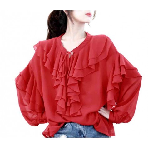 L518 Custom Made To Order Chiffon Ladies Frill Ruffle Tie Front Shirt Regular Size XS S M L XL & Plus size 1x-10x (SZ16-52)