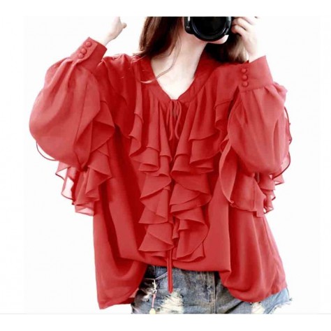 L518 Custom Made To Order Chiffon Ladies Frill Ruffle Tie Front Shirt Regular Size XS S M L XL & Plus size 1x-10x (SZ16-52)