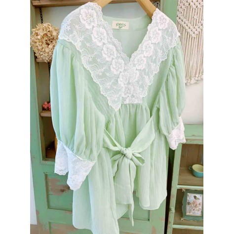 L519 Custom Made To Order Chiffon V-Neck Tie Belt Loose Tunic Long Blouse Regular Size XS S M L XL & Plus size 1x-10x (SZ16-52)