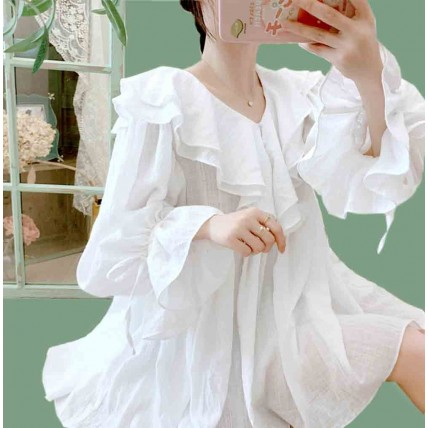 L520 Custom Made To Order Linen V-Neck Balloon Sleeve Linen Ruffle Shirt Regular Size XS S M L XL & Plus size 1x-10x (SZ16-52)