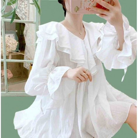 L520 Custom Made To Order Linen V-Neck Balloon Sleeve Linen Ruffle Shirt Regular Size XS S M L XL & Plus size 1x-10x (SZ16-52)