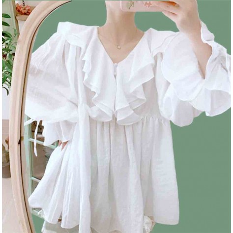 L520 Custom Made To Order Linen V-Neck Balloon Sleeve Linen Ruffle Shirt Regular Size XS S M L XL & Plus size 1x-10x (SZ16-52)