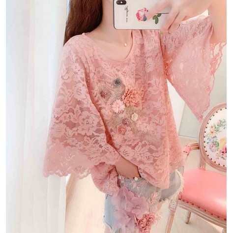 L521 Custom Made To Order Lace Flared Sleeve Loose Casual Blouse New Regular Size XS S M L XL & Plus size 1x-10x (SZ16-52)