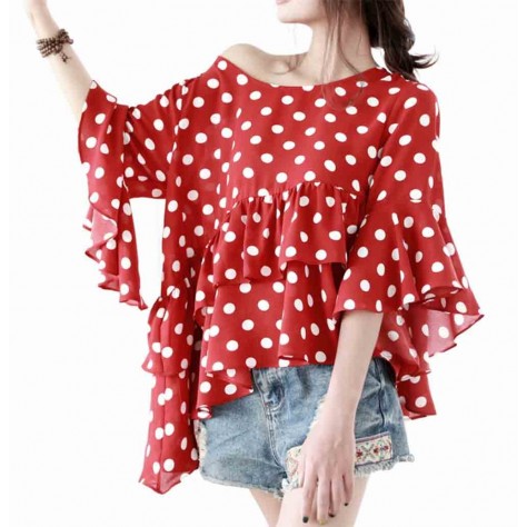 L523 Custom Made To Order Chiffon Polka Dot Irregular Ruffle Blouse Regular Size XS S M L XL & Plus size 1x-10x (SZ16-52)