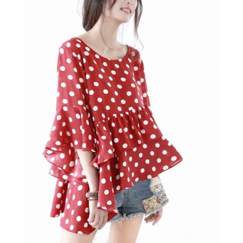 L523 Custom Made To Order Chiffon Polka Dot Irregular Ruffle Blouse Regular Size XS S M L XL & Plus size 1x-10x (SZ16-52)