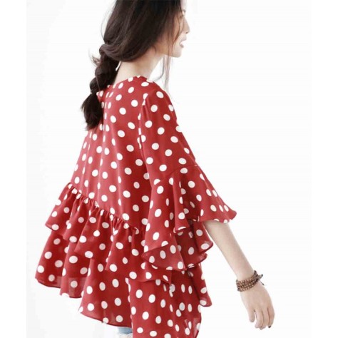 L523 Custom Made To Order Chiffon Polka Dot Irregular Ruffle Blouse Regular Size XS S M L XL & Plus size 1x-10x (SZ16-52)