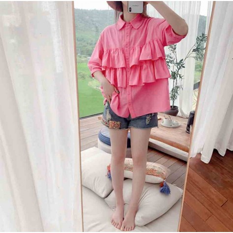 L524 Custom Made To Order Linen Raglan Sleeve Layered Ruffle Blouse Regular Size XS S M L XL & Plus size 1x-10x (SZ16-52)