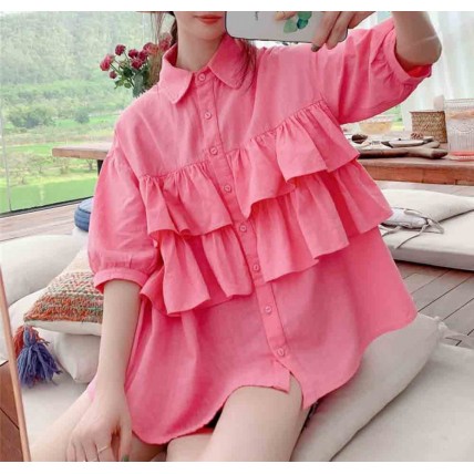 L524 Custom Made To Order Linen Raglan Sleeve Layered Ruffle Blouse Regular Size XS S M L XL & Plus size 1x-10x (SZ16-52)