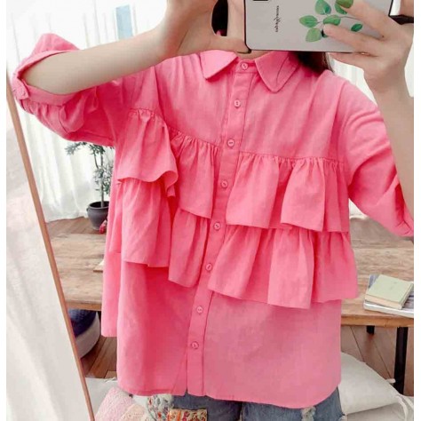 L524 Custom Made To Order Linen Raglan Sleeve Layered Ruffle Blouse Regular Size XS S M L XL & Plus size 1x-10x (SZ16-52)