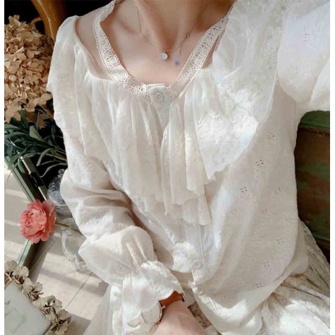 L526 Custom Made To Order polyester Lace Splice Ruffled Long Sleeved Shirt Top Regular Size XS S M L XL & Plus size 1x-10x (SZ16-52)