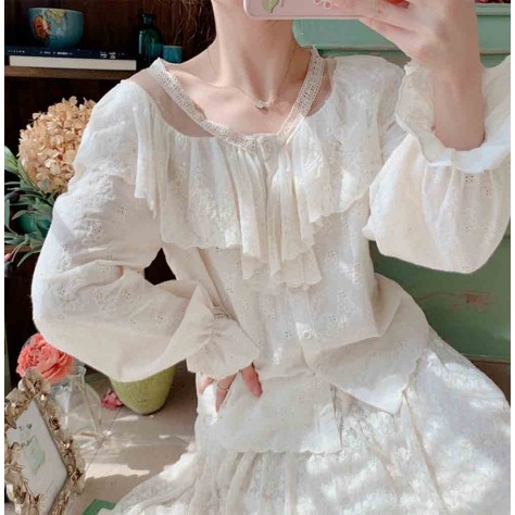 L526 Custom Made To Order polyester Lace Splice Ruffled Long Sleeved Shirt Top Regular Size XS S M L XL & Plus size 1x-10x (SZ16-52)