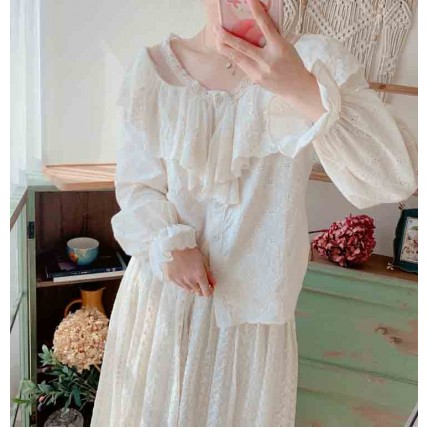 L526 Custom Made To Order polyester Lace Splice Ruffled Long Sleeved Shirt Top Regular Size XS S M L XL & Plus size 1x-10x (SZ16-52)