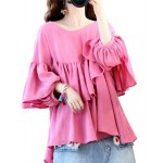 L527 Custom Made To Order Linen Scoop Neck Layered Ruffle Linen Blouse Top Regular Size XS S M L XL & Plus size 1x-10x (SZ16-52)