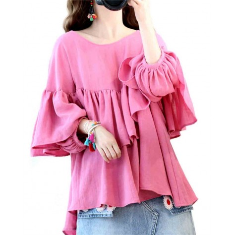 L527 Custom Made To Order Linen Scoop Neck Layered Ruffle Linen Blouse Top Regular Size XS S M L XL & Plus size 1x-10x (SZ16-52)