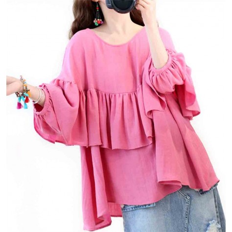 L527 Custom Made To Order Linen Scoop Neck Layered Ruffle Linen Blouse Top Regular Size XS S M L XL & Plus size 1x-10x (SZ16-52)