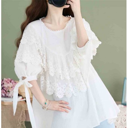 L528 Custom Made To Order Linen /Lace Retro Oversized Loose Ruffled Blouse Regular Size XS S M L XL & Plus size 1x-10x (SZ16-52)