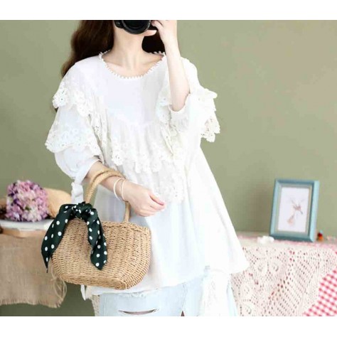 L528 Custom Made To Order Linen /Lace Retro Oversized Loose Ruffled Blouse Regular Size XS S M L XL & Plus size 1x-10x (SZ16-52)