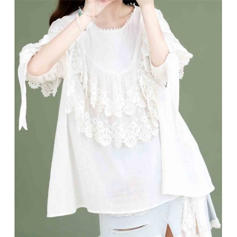 L528 Custom Made To Order Linen /Lace Retro Oversized Loose Ruffled Blouse Regular Size XS S M L XL & Plus size 1x-10x (SZ16-52)