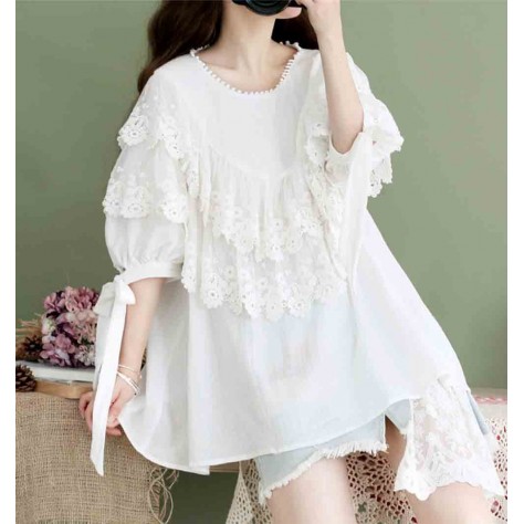 L528 Custom Made To Order Linen /Lace Retro Oversized Loose Ruffled Blouse Regular Size XS S M L XL & Plus size 1x-10x (SZ16-52)