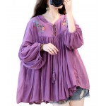 L529 Custom Made To Order Linen Balloon Sleeve Embroidered Pleated Shirt Regular Size XS S M L XL & Plus size 1x-10x (SZ16-52)