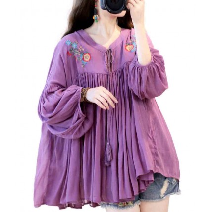 L529 Custom Made To Order Linen Balloon Sleeve Embroidered Pleated Shirt Regular Size XS S M L XL & Plus size 1x-10x (SZ16-52)