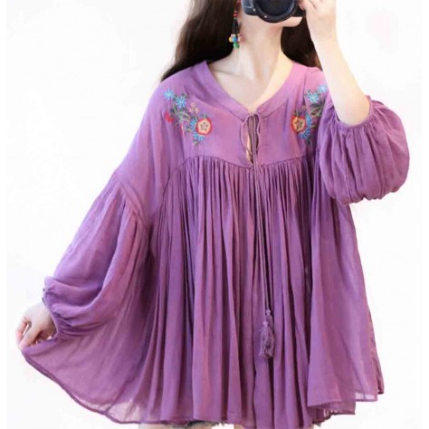 L529 Custom Made To Order Linen Balloon Sleeve Embroidered Pleated Shirt Regular Size XS S M L XL & Plus size 1x-10x (SZ16-52)