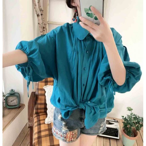 L531 Custom Made To Order Linen Womens Balloon Sleeve Button Front Blouse Regular Size XS S M L XL & Plus size 1x-10x (SZ16-52)