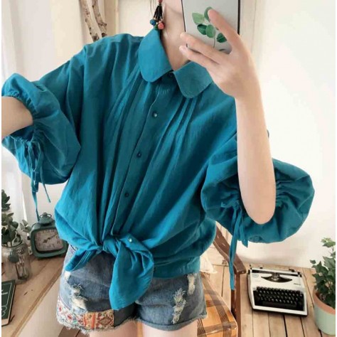 L531 Custom Made To Order Linen Womens Balloon Sleeve Button Front Blouse Regular Size XS S M L XL & Plus size 1x-10x (SZ16-52)