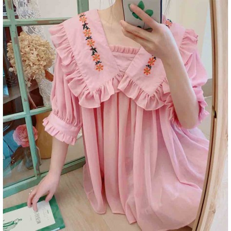 L533 Custom Made To Order Chiffon Half sleeve Embroidered Ruffle Chiffon Top Regular Size XS S M L XL & Plus size 1x-10x (SZ16-52)