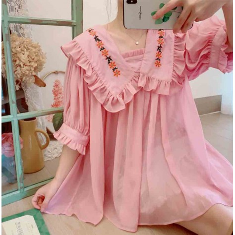 L533 Custom Made To Order Chiffon Half sleeve Embroidered Ruffle Chiffon Top Regular Size XS S M L XL & Plus size 1x-10x (SZ16-52)