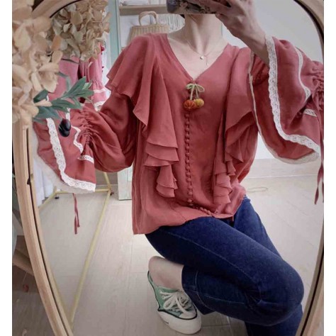 L534 Custom Made To Order Linen Long Sleeve V-Neck Ruffle Linen Blouse Top Regular Size XS S M L XL & Plus size 1x-10x (SZ16-52)