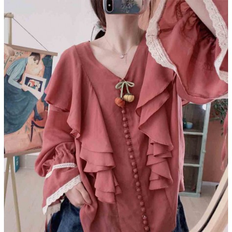 L534 Custom Made To Order Linen Long Sleeve V-Neck Ruffle Linen Blouse Top Regular Size XS S M L XL & Plus size 1x-10x (SZ16-52)