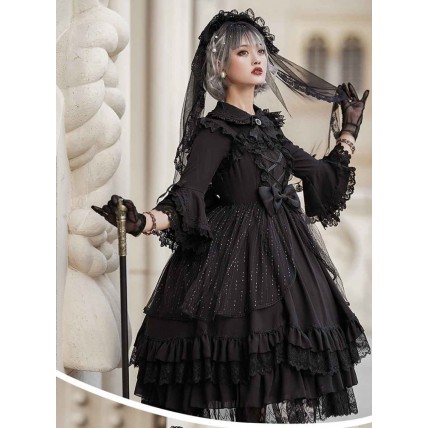 L540 Custom Made to order Spandex cotton Poplin Classic Layered Lace-up Goth Lolita Dress Regular Size XS S M L XL & Plus size 1x-10x (SZ16-52)