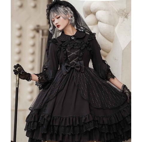 L540 Custom Made to order Spandex cotton Poplin Classic Layered Lace-up Goth Lolita Dress Regular Size XS S M L XL & Plus size 1x-10x (SZ16-52)