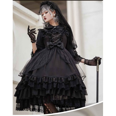 L540 Custom Made to order Spandex cotton Poplin Classic Layered Lace-up Goth Lolita Dress Regular Size XS S M L XL & Plus size 1x-10x (SZ16-52)