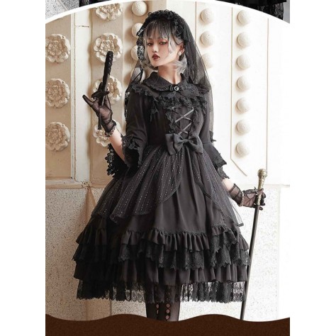 L540 Custom Made to order Spandex cotton Poplin Classic Layered Lace-up Goth Lolita Dress Regular Size XS S M L XL & Plus size 1x-10x (SZ16-52)