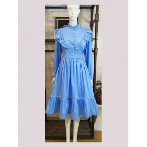 L549 Custom Made to order Spandex cotton poplin Mock Neck Ruffle Pleated Midi Dress Regular Size XS S M L XL & Plus size 1x-10x (SZ16-52)