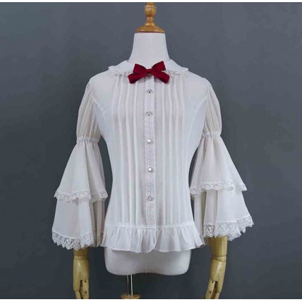 L55 Chiffon Long Sleeve Ruffled Lolita Gothic Bow Blouse Regular Size XS S M L XL & Plus size 1x-10x (SZ16-52)