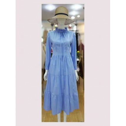 L551 Custom Made to order Spandex cotton poplin Mock Neck Ruffle Pleated Swing Midi Dress Regular Size XS S M L XL & Plus size 1x-10x (SZ16-52)