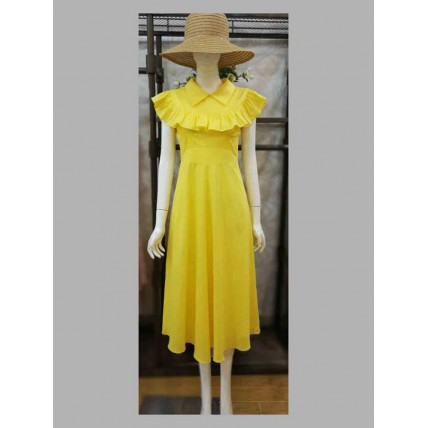 L553 Custom Made to order Spandex cotton poplin High Waist Ruffle Midi Dress Regular Size XS S M L XL & Plus size 1x-10x (SZ16-52)