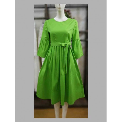 L554 Custom Made to order Spandex cotton poplin Crew Neck Bell Sleeve  A-Line Swing Dress Regular Size XS S M L XL & Plus size 1x-10x (SZ16-52)