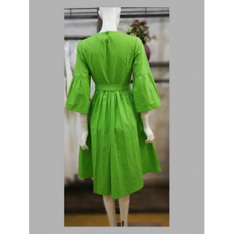 L554 Custom Made to order Spandex cotton poplin Crew Neck Bell Sleeve  A-Line Swing Dress Regular Size XS S M L XL & Plus size 1x-10x (SZ16-52)