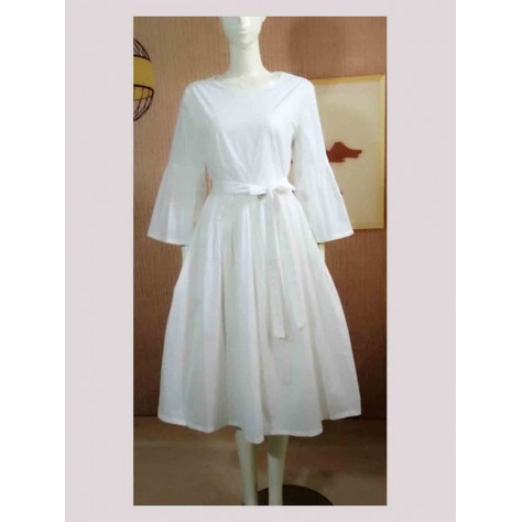 L554 Custom Made to order Spandex cotton poplin Crew Neck Bell Sleeve  A-Line Swing Dress Regular Size XS S M L XL & Plus size 1x-10x (SZ16-52)